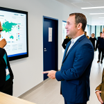 A diverse group of adults, fully clothed in professional and modest business attire, gathered in a bright, modern community hall. They are actively engaged around a large interactive digital display, which shows various civic tech initiatives like a map with proposed playground improvements and citizen feedback forms. Some individuals are pointing at the screen, others are conversing, demonstrating collaborative problem-solving. The atmosphere is positive and engaged. The background is clean and well-lit. Perfect anatomy, correct proportions, natural poses, well-formed hands, proper finger count, natural body proportions. Safe for work, appropriate content, fully clothed, professional, family-friendly.