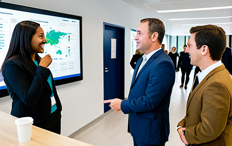A diverse group of adults, fully clothed in professional and modest business attire, gathered in a bright, modern community hall. They are actively engaged around a large interactive digital display, which shows various civic tech initiatives like a map with proposed playground improvements and citizen feedback forms. Some individuals are pointing at the screen, others are conversing, demonstrating collaborative problem-solving. The atmosphere is positive and engaged. The background is clean and well-lit. Perfect anatomy, correct proportions, natural poses, well-formed hands, proper finger count, natural body proportions. Safe for work, appropriate content, fully clothed, professional, family-friendly.