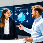 A diverse group of professional adults, including men and women, collaboratively engaging with an interactive holographic display in a modern, bright civic innovation hub. They are discussing and pointing at dynamic data visualizations related to community policy proposals. All subjects are fully clothed in professional, modest business attire, appropriate content, safe for work. Perfect anatomy, correct proportions, natural poses, well-formed hands, proper finger count, natural body proportions. Professional photography, high quality, vibrant colors, clear focus.